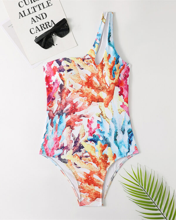 2022-New-Sexy-One-Piece-Women-s-Swimsuit-Coral-Print-Swimwear-High-Waist-Cutout-One-shoulder-2 Coral Print One-Piece Swimsuit