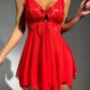 Ellolace-Red-Sexy-Sleepwear-Deep-V-Split-Mini-Dress-Bowknot-Irregular-Hemline-Romantic-Nightie-Wedding-Night-4 Red Linen Mini Dress