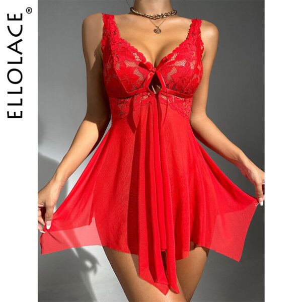 Ellolace-Red-Sexy-Sleepwear-Deep-V-Split-Mini-Dress-Bowknot-Irregular-Hemline-Romantic-Nightie-Wedding-Night Red Linen Mini Dress