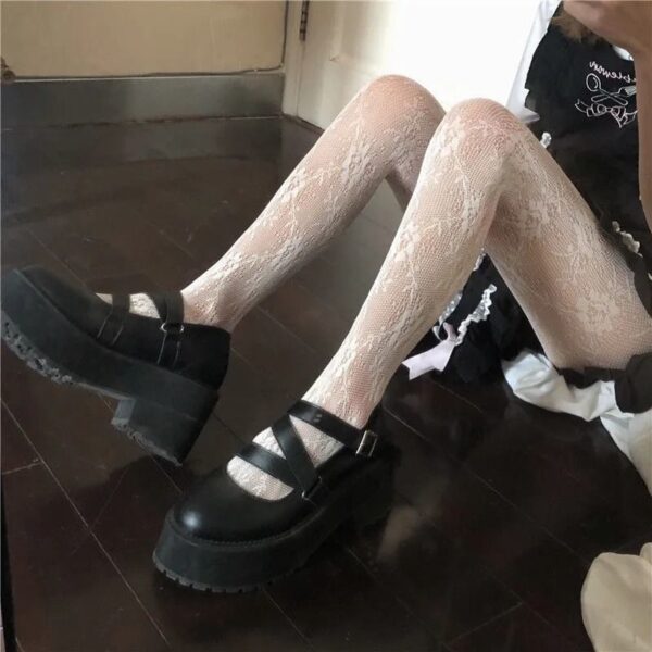 Lolita-School-Girl-Floral-Tights-Fishnet-Over-Knee-Stocking-Long-Adorable-Anime-Gothic-Black-White-Kawaii-2 Floral Fishnet Stockings