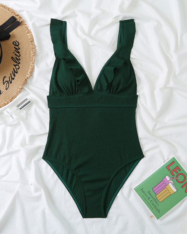 Solid-Shirring-Ruffle-One-piece-Swimsuit-Sexy-Deep-V-neck-Backless-Cross-Swimwear-Monokini-2022-Summer-2 Ruffle One-Piece Swimsuit