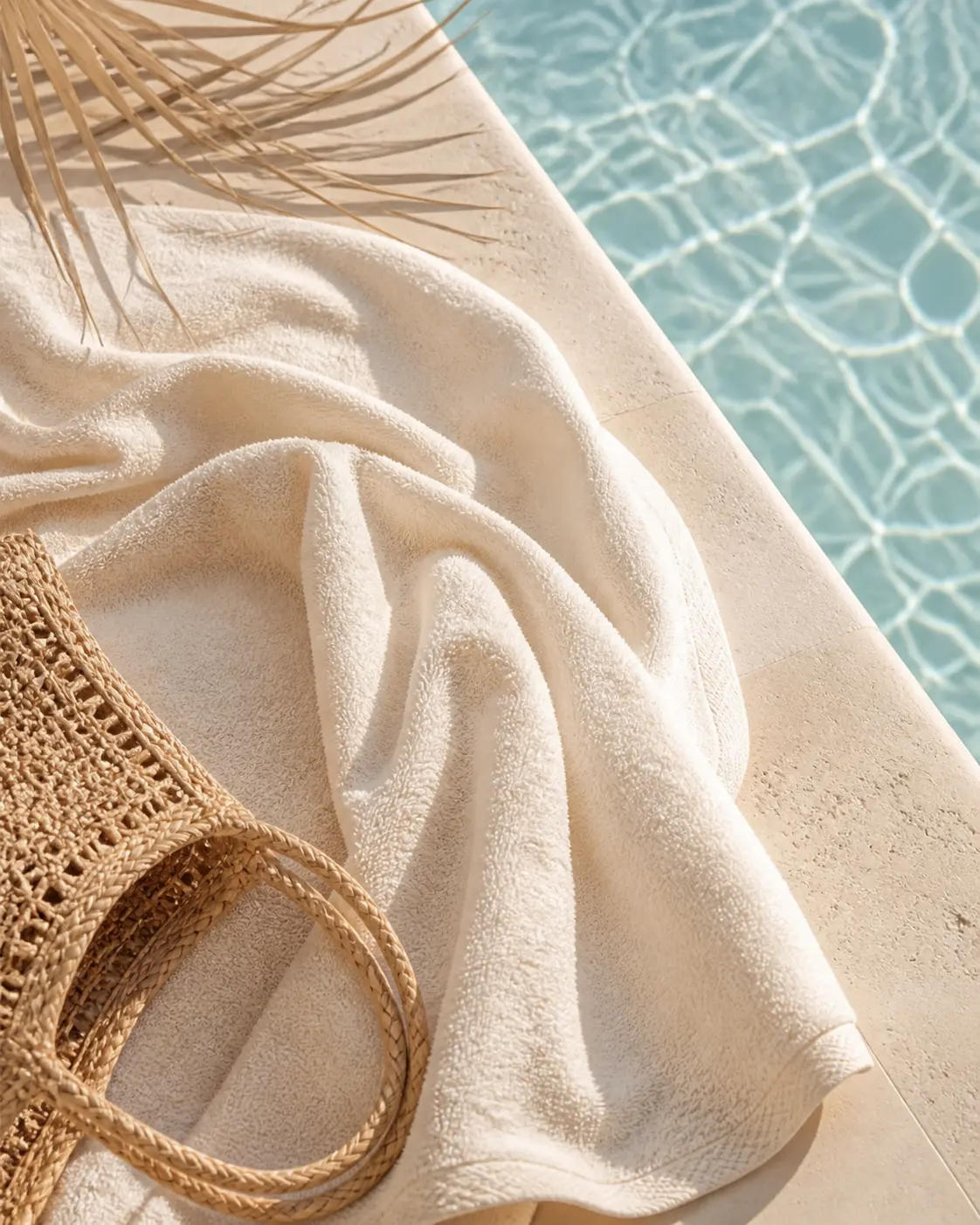 Editorial poolside tote, towel, and sunlit textures for Deliwares.