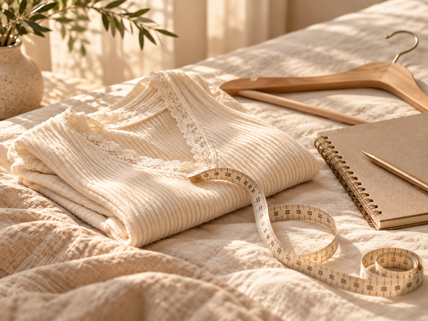 Cream knit clothing, measuring tape, notebook and wooden hanger arranged in warm morning light.