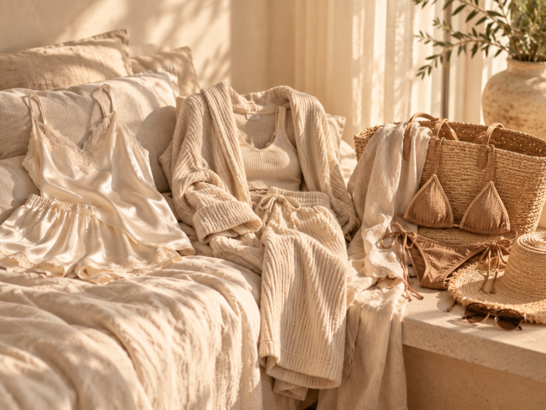 Sleepwear, loungewear and neutral beach pieces arranged together in warm natural light.
