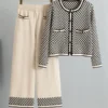 Plaid Knit Cardigan & Wide-Leg Pants Set