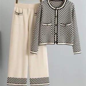 Plaid Knit Cardigan & Wide-Leg Pants Set