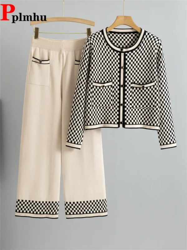 Plaid Knit Cardigan & Wide-Leg Pants Set