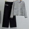 Plaid Knit Cardigan & Wide-Leg Pants Set