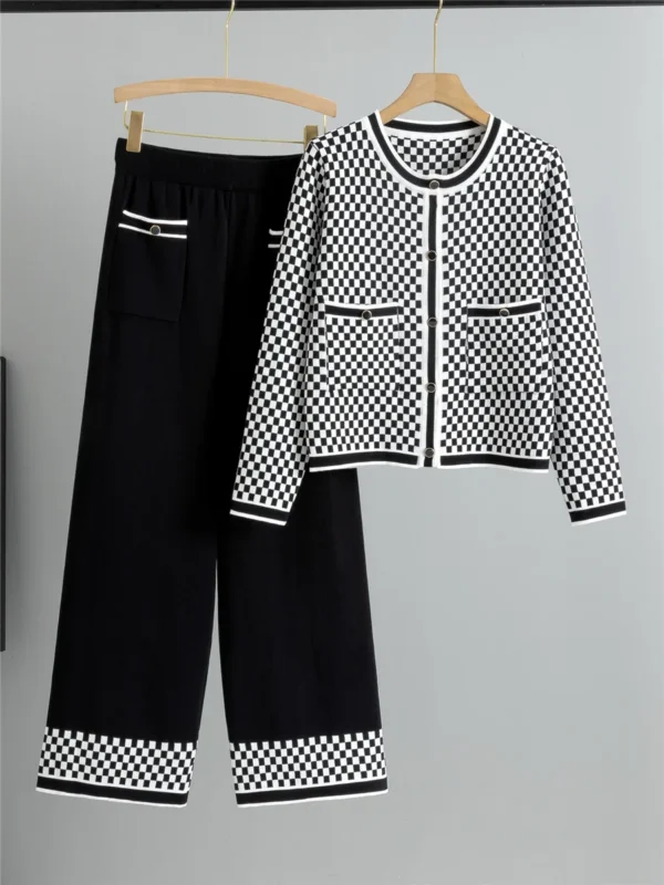 Plaid Knit Cardigan & Wide-Leg Pants Set