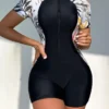Zip-Front Short-Sleeve Swimsuit