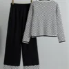 Plaid Knit Cardigan & Wide-Leg Pants Set