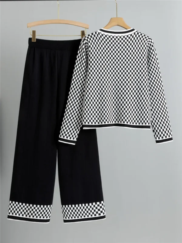 Plaid Knit Cardigan & Wide-Leg Pants Set
