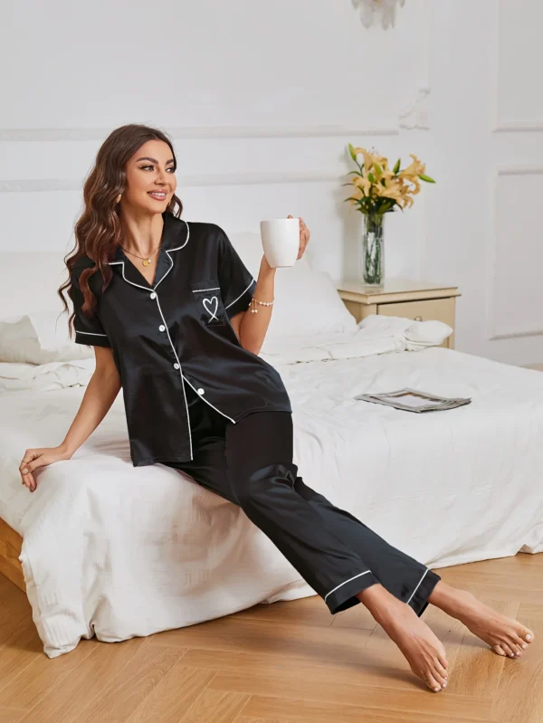 Heart-Embroidered Pajama Set