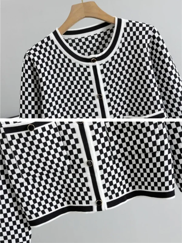 Plaid Knit Cardigan & Wide-Leg Pants Set