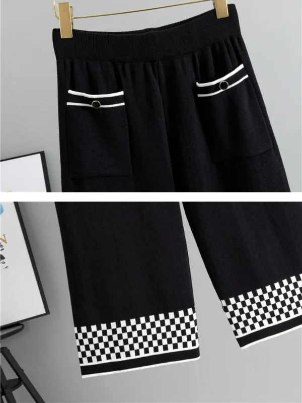 Plaid Knit Cardigan & Wide-Leg Pants Set