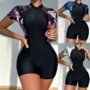 Zip-Front Short-Sleeve Swimsuit