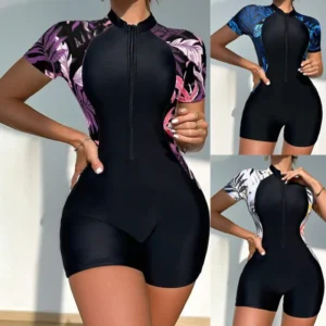 Zip-Front Short-Sleeve Swimsuit