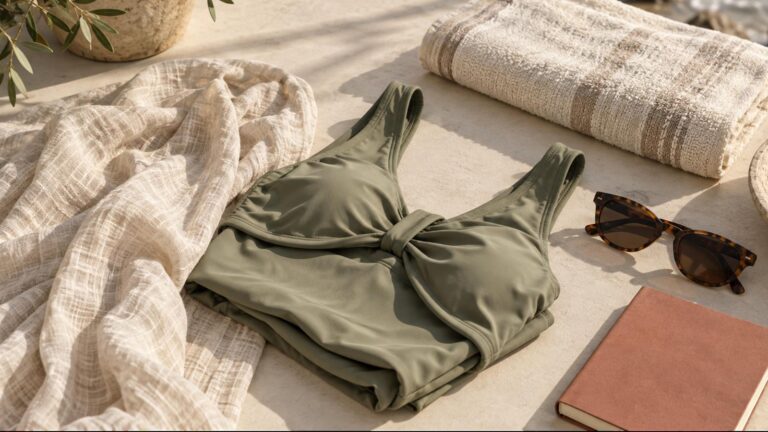 Olive swimsuit, linen layer, towel and sunglasses arranged on a warm coastal surface.